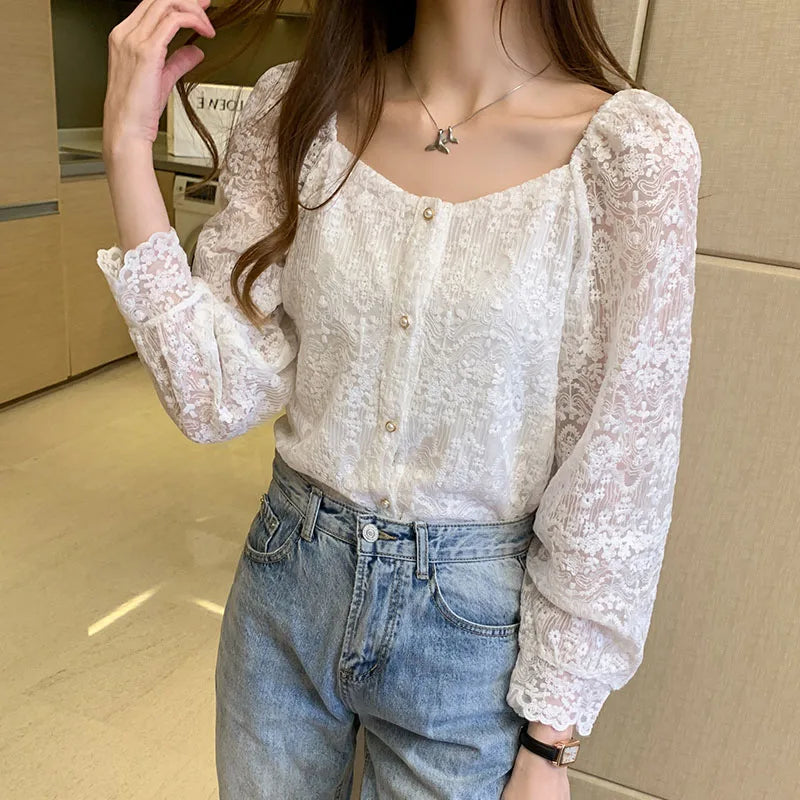 Cralom White Lace Long Sleeve Top: Preppy Style Crochet Shirt for Fall