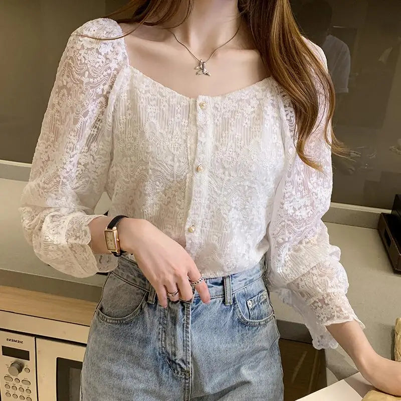 Cralom White Lace Long Sleeve Top: Preppy Style Crochet Shirt for Fall