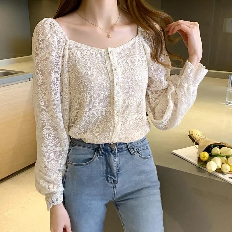 Cralom White Lace Long Sleeve Top: Preppy Style Crochet Shirt for Fall
