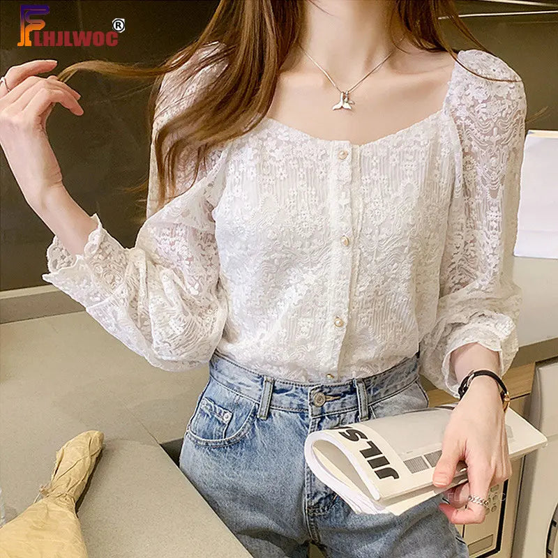 Cralom White Lace Long Sleeve Top: Preppy Style Crochet Shirt for Fall