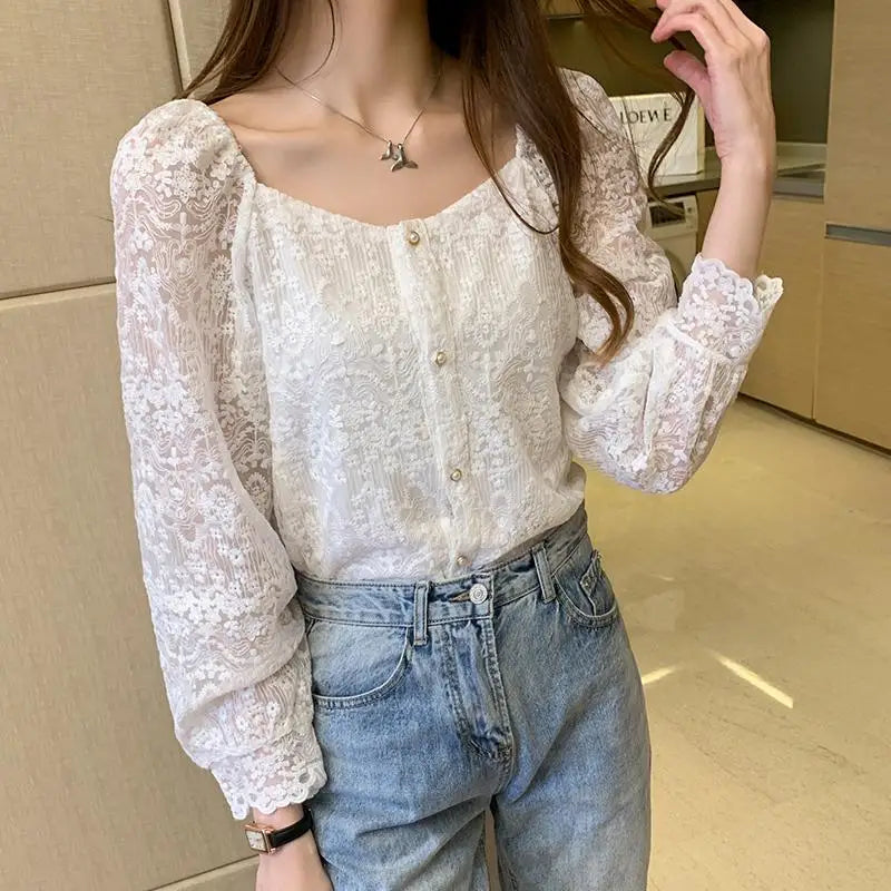 Cralom White Lace Long Sleeve Top: Preppy Style Crochet Shirt for Fall
