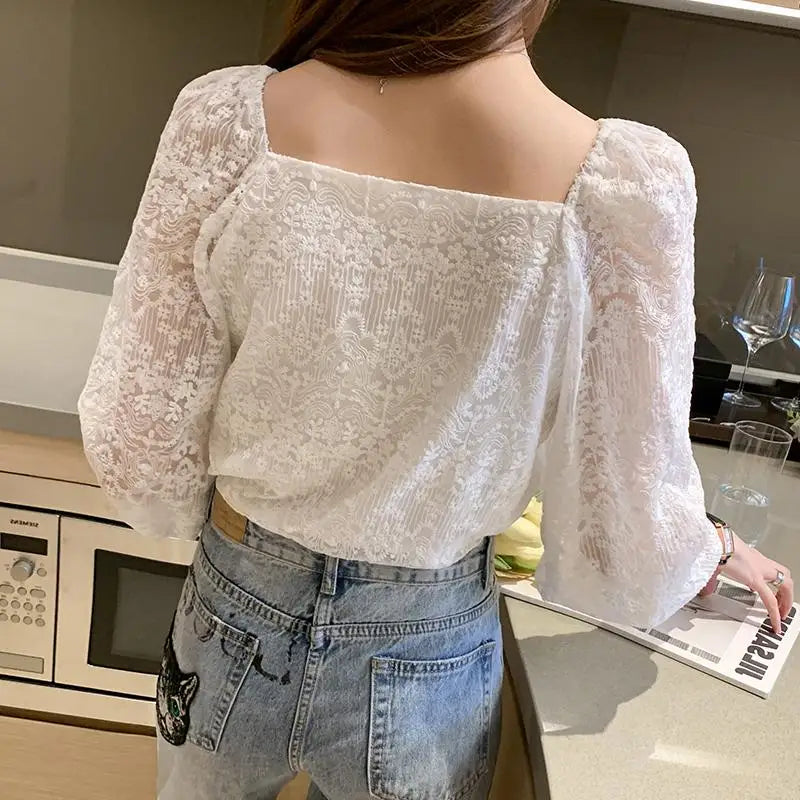 Cralom White Lace Long Sleeve Top: Preppy Style Crochet Shirt for Fall