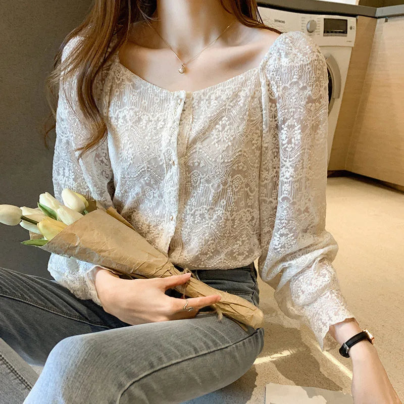 Cralom White Lace Long Sleeve Top: Preppy Style Crochet Shirt for Fall