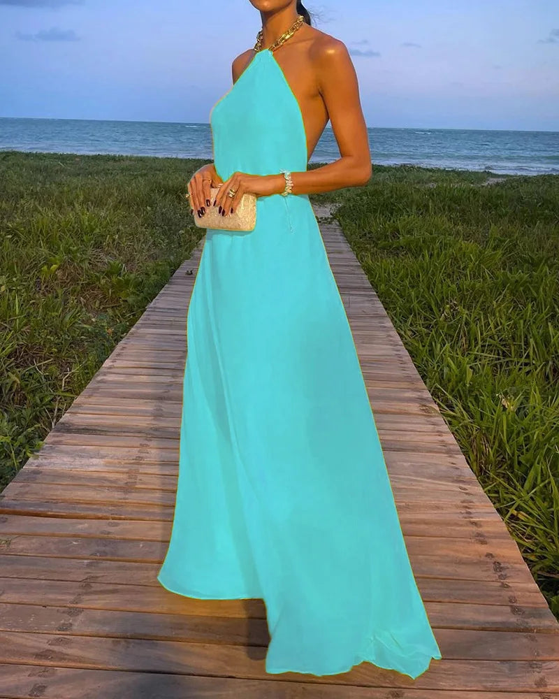 Cralom Solid Color Hanging Neck Long Dress