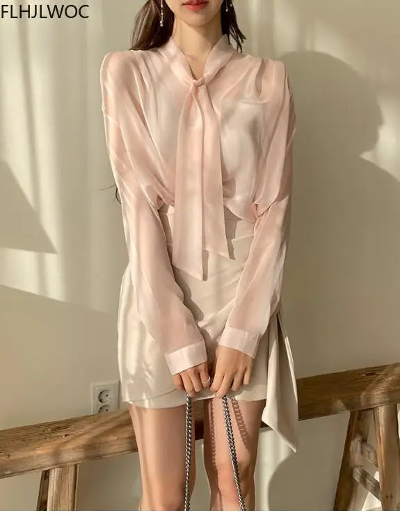 Cralom Sheer Bow Tie Blouse - Elegant Office Chic Fashion for Women