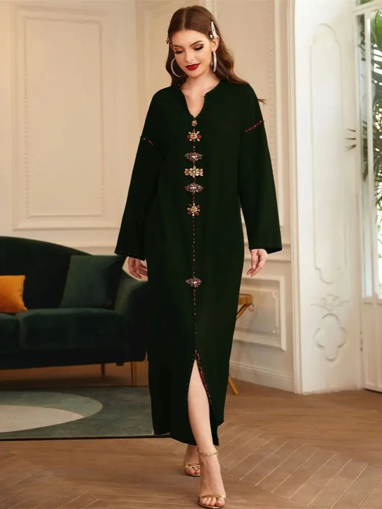 Luxury Dark Green Muslim Abaya Dress by Cralom - Eid Ramadan Dubai Robe