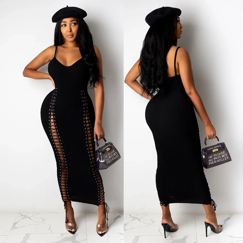 Cralom Solid Color V-Neck Suspender Dress Nightclub Chic Hollowed Out Strap Midi