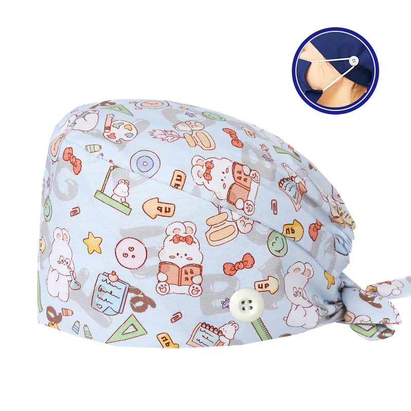 Cralom Cartoon Print Cotton Scrub Caps for Pet Grooming & Medical Professionals