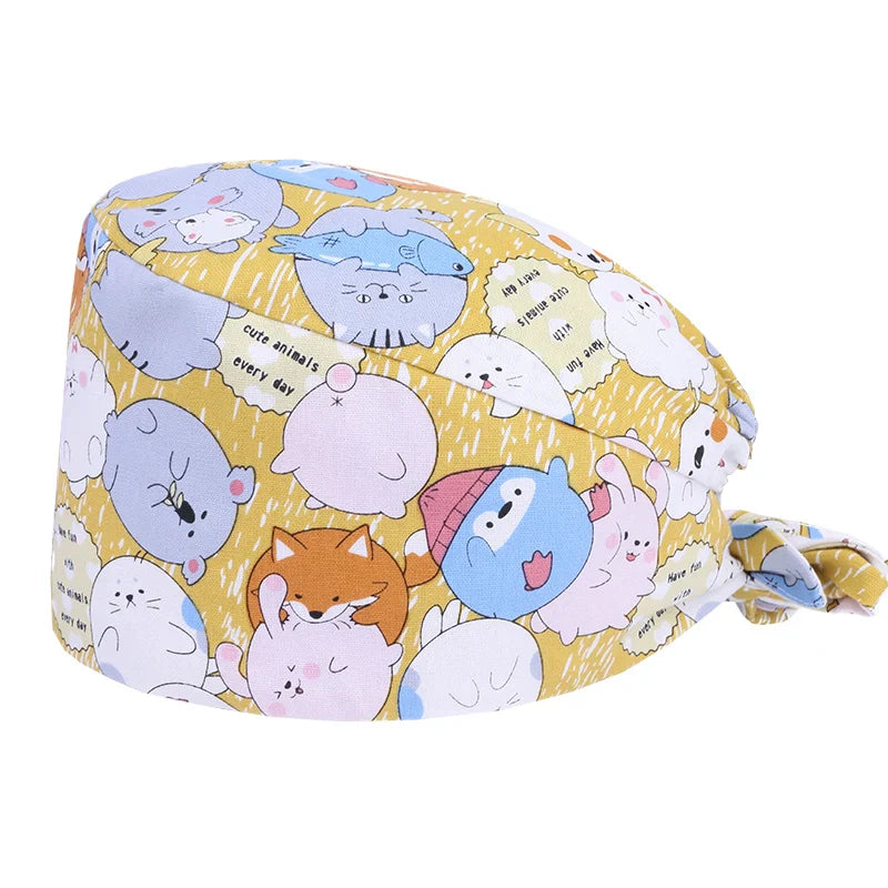Cralom Cartoon Print Cotton Scrub Caps for Pet Grooming & Medical Professionals