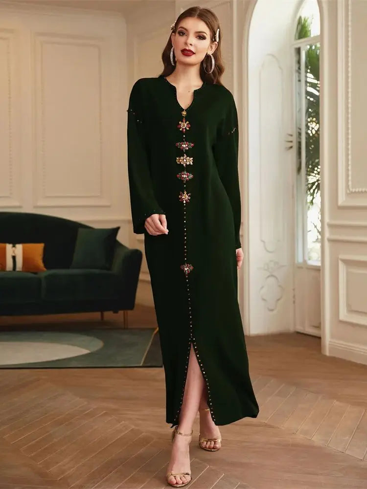 Luxury Dark Green Muslim Abaya Dress by Cralom - Eid Ramadan Dubai Robe