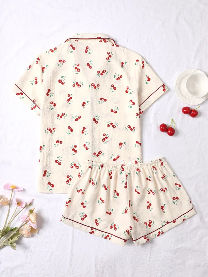 Cralom Cherry Print Pajama Set: Short Sleeve Top & Soft Elastic Shorts