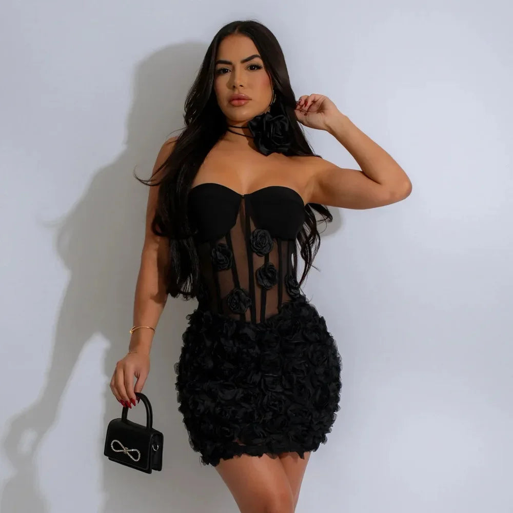 Cralom Strapless 3D Flower Wrapped Hip Dress - 2025
