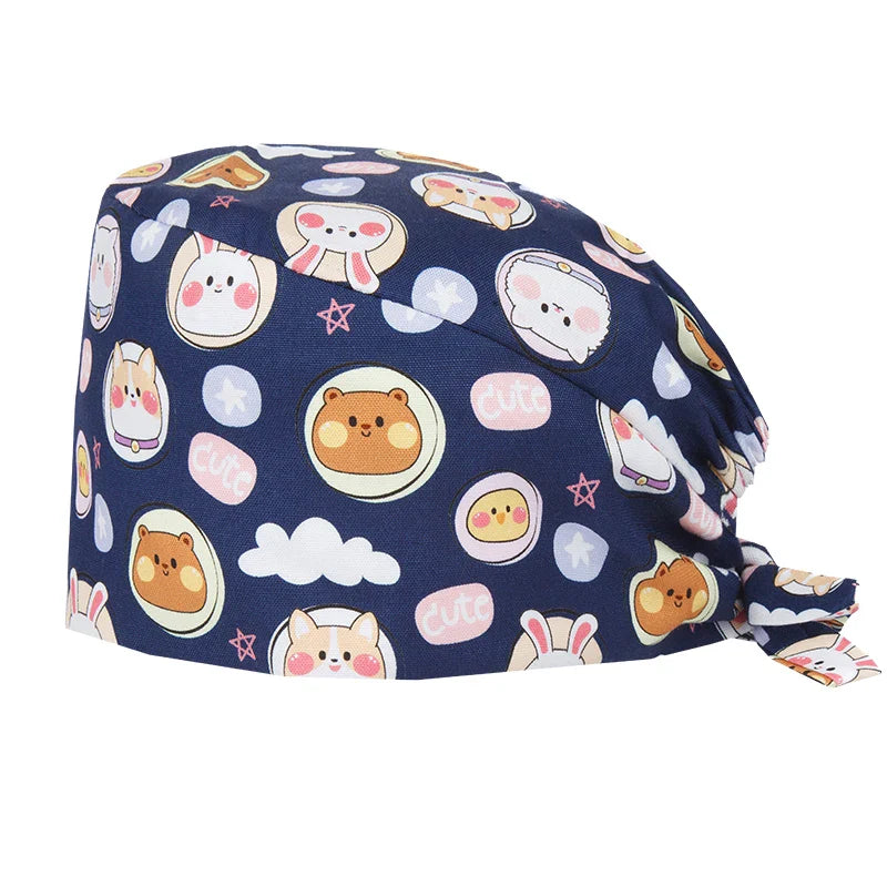 Cralom Cartoon Print Cotton Scrub Caps for Pet Grooming & Medical Professionals