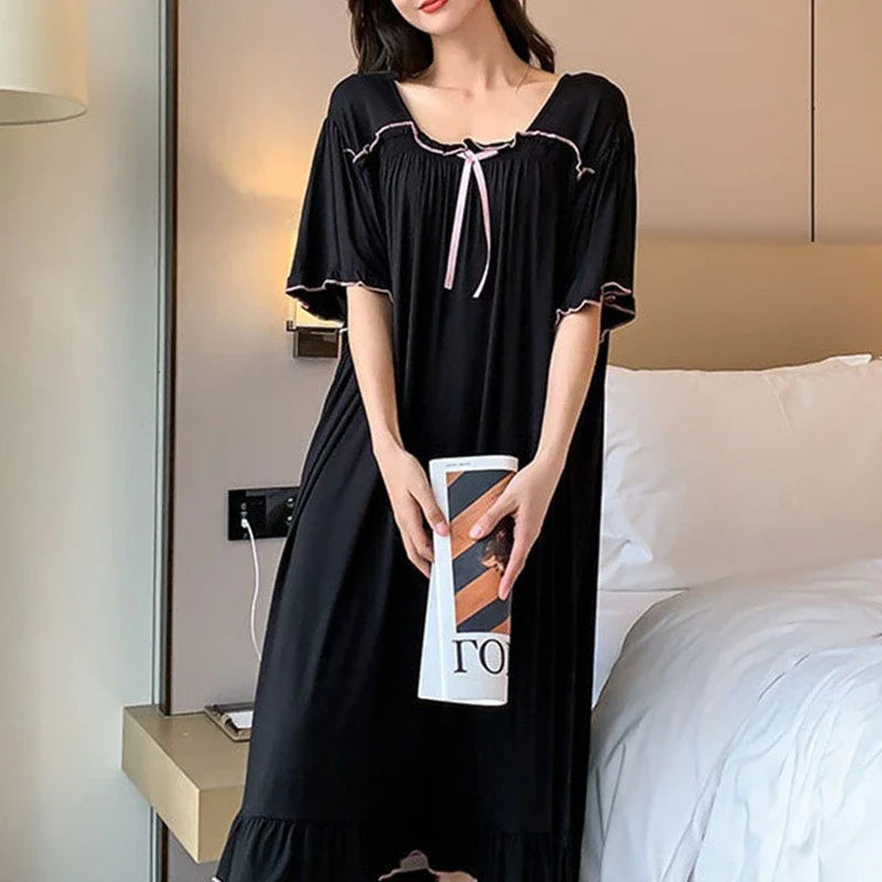 Cralom Short-Sleeve Nightgown: Plus Size, Breathable Fabric, Crew Neck, Bow Decor, Summer Sleepwear