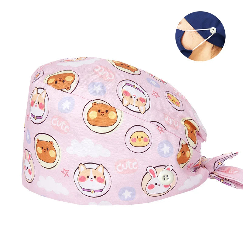 Cralom Cartoon Print Cotton Scrub Caps for Pet Grooming & Medical Professionals