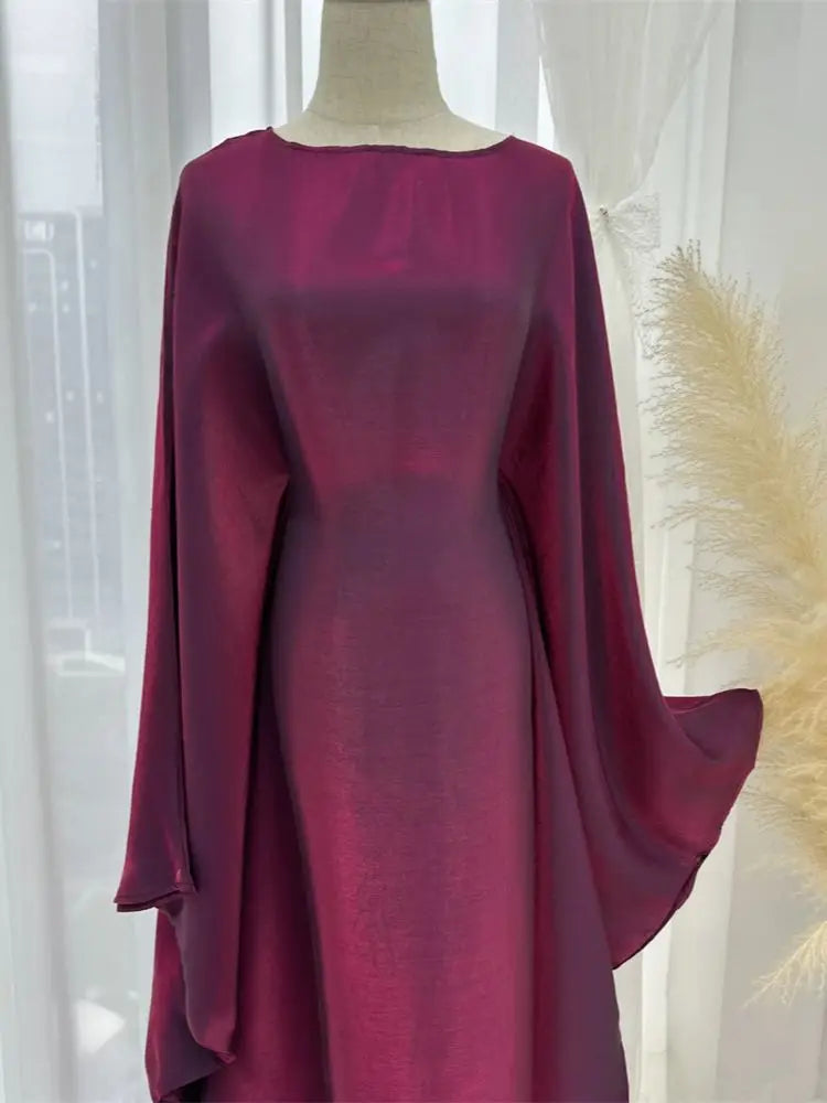Cralom Satin Butterfly Batwing Abaya Kaftan Maxi Dress