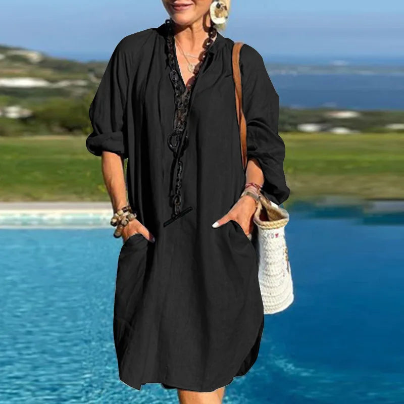 Cralom Linen V-neck Long Sleeve Irregular Slit Shirt Dress