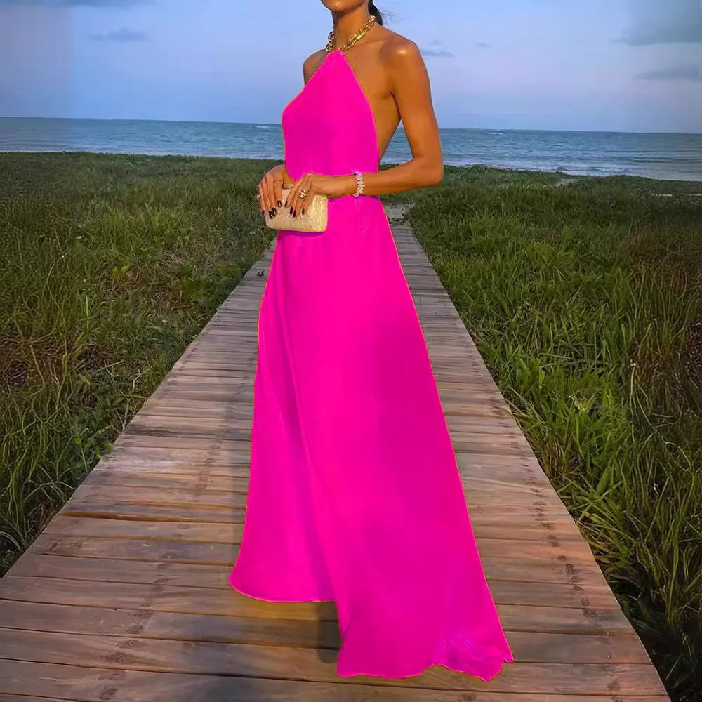 Cralom Solid Color Hanging Neck Long Dress