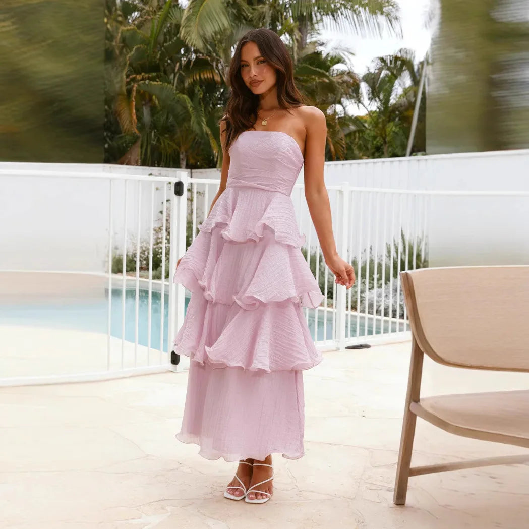 Cralom Solid Color Strapless Backless Cake Dress - 2025 Summer