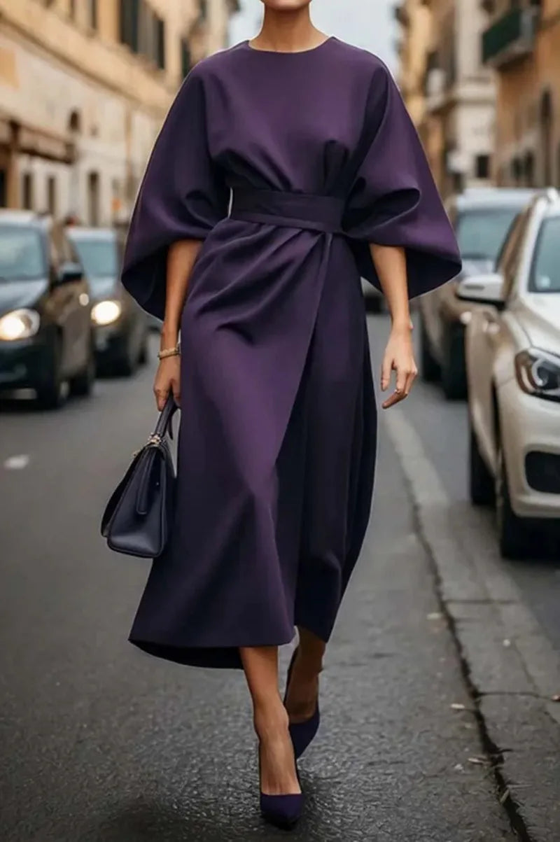 Cralom Solid Color Waist Cinched Batwing Sleeve Long Dress - 2025 Autumn