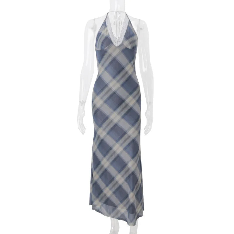 Cralom Lace Plaid V-neck Summer Dress