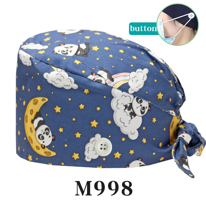 Cralom Cartoon Print Cotton Scrub Caps for Pet Grooming & Medical Professionals