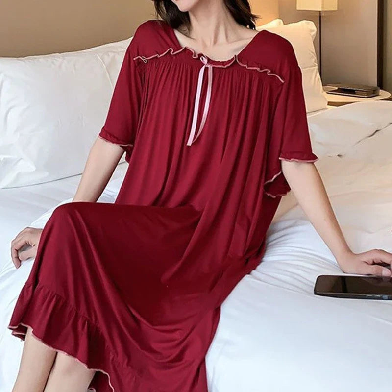 Cralom Short-Sleeve Nightgown: Plus Size, Breathable Fabric, Crew Neck, Bow Decor, Summer Sleepwear