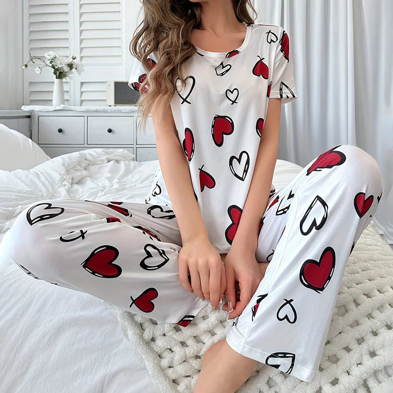 Cralom Heart Print 2Pcs Pajama Set: Tee & Pants, Summer Sleepwear