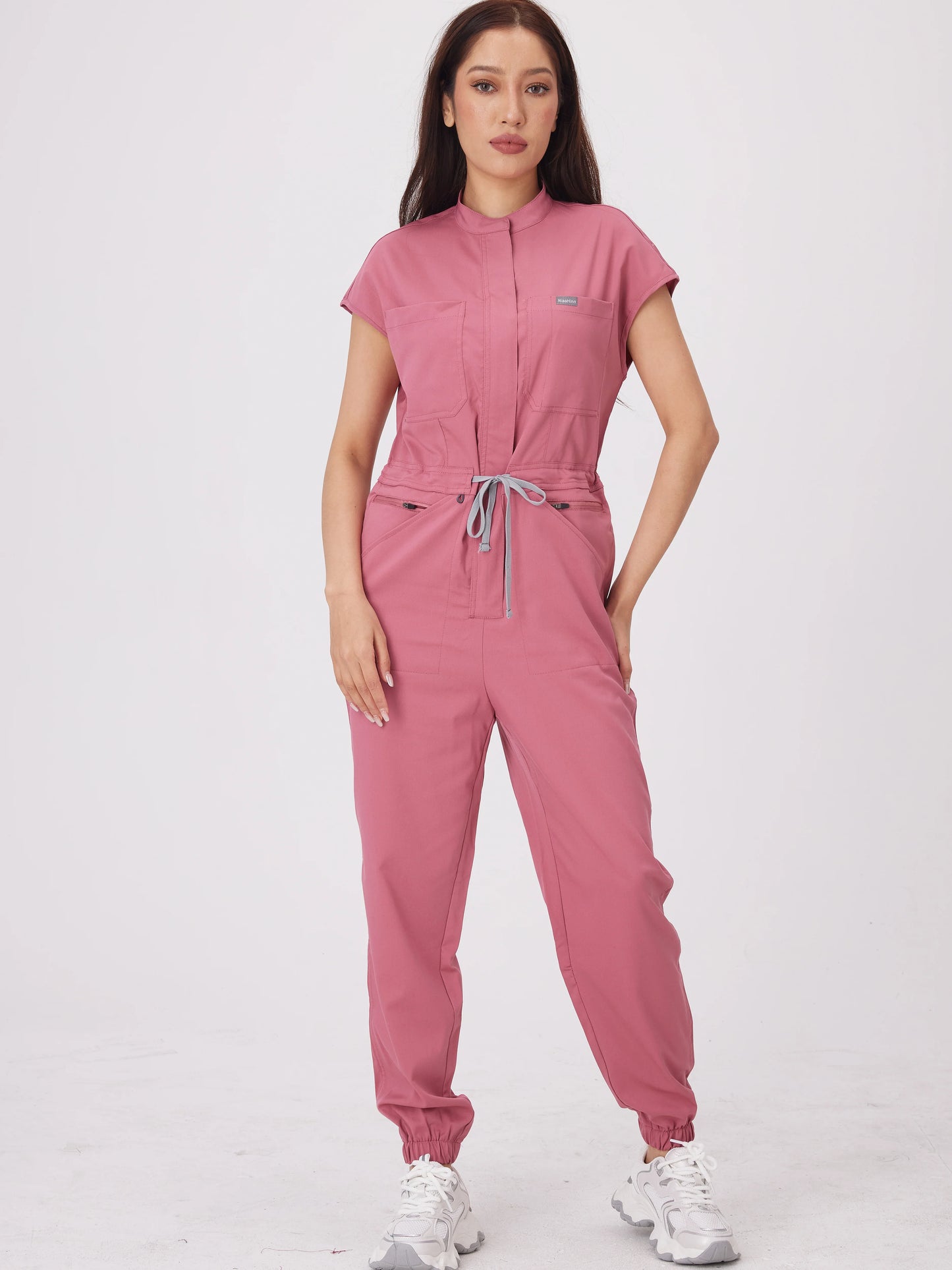 Cralom Short-Sleeve Scrub Jumpsuit with Pocket