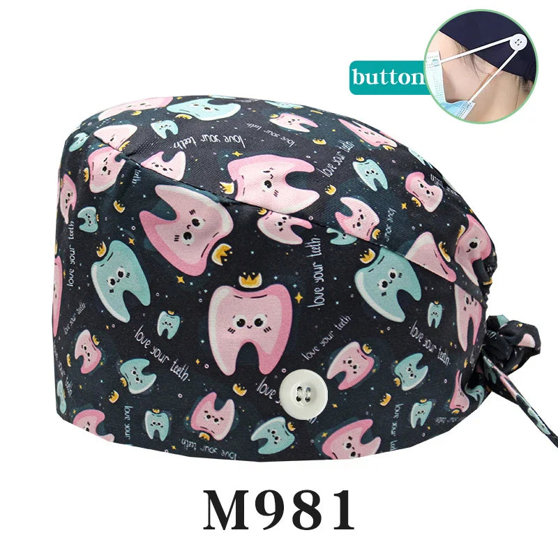 Cralom Cartoon Print Cotton Scrub Caps for Pet Grooming & Medical Professionals