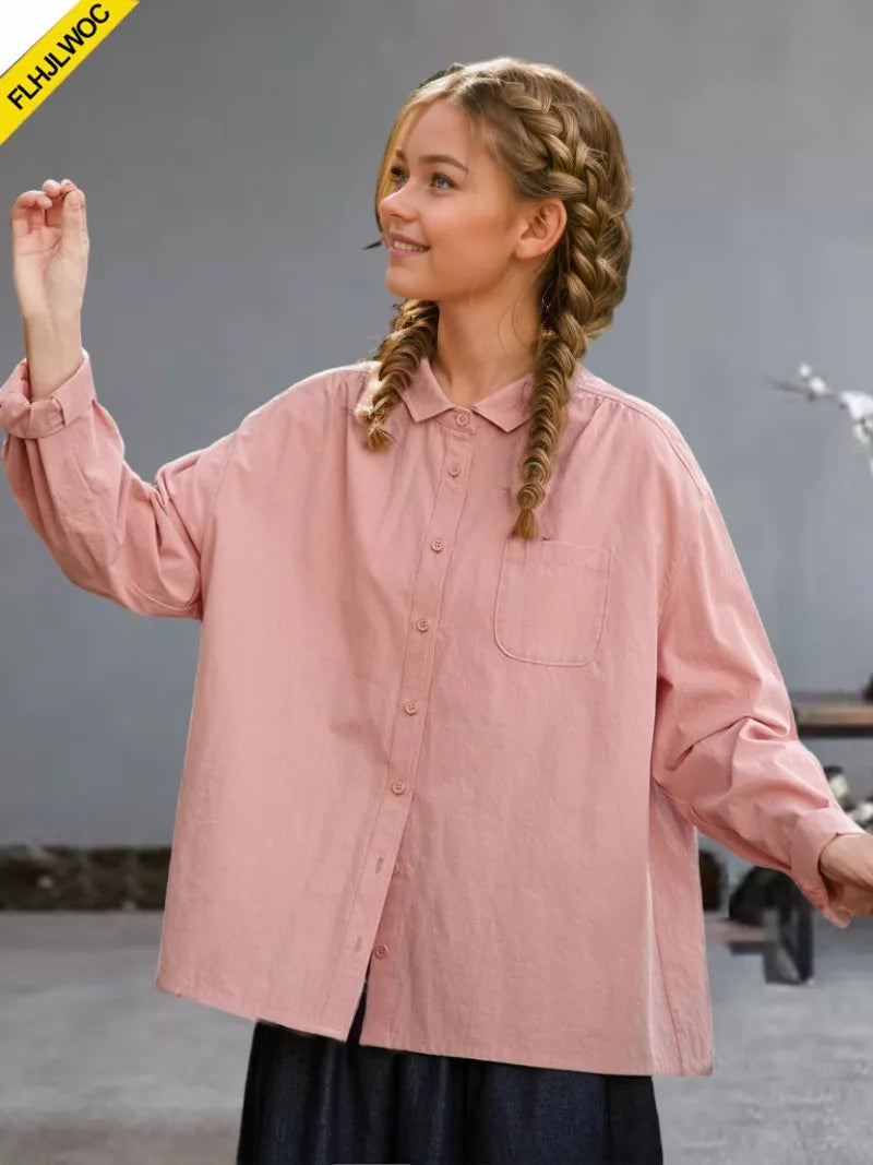 Cralom Long Sleeve Cotton Blouses in White/Pink