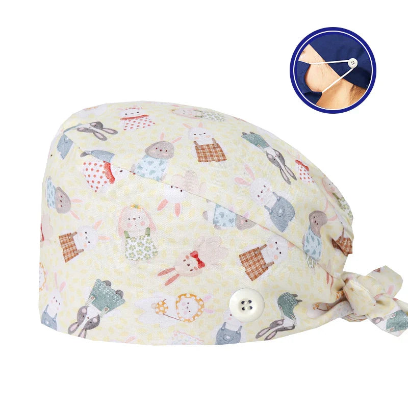 Cralom Cartoon Print Cotton Scrub Caps for Pet Grooming & Medical Professionals