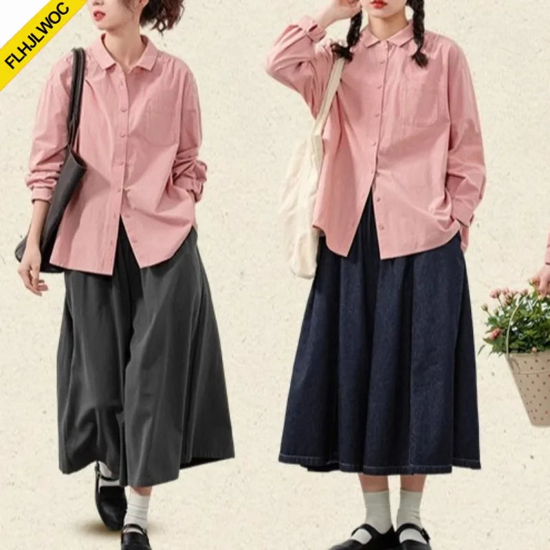 Cralom Long Sleeve Cotton Blouses in White/Pink