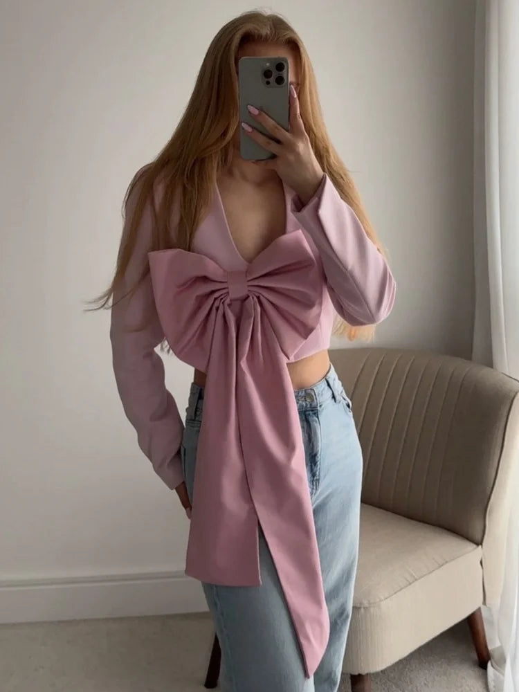 Cralom Patchwork Short Coat Deep V-Neck Long Sleeve Cropped Jacket