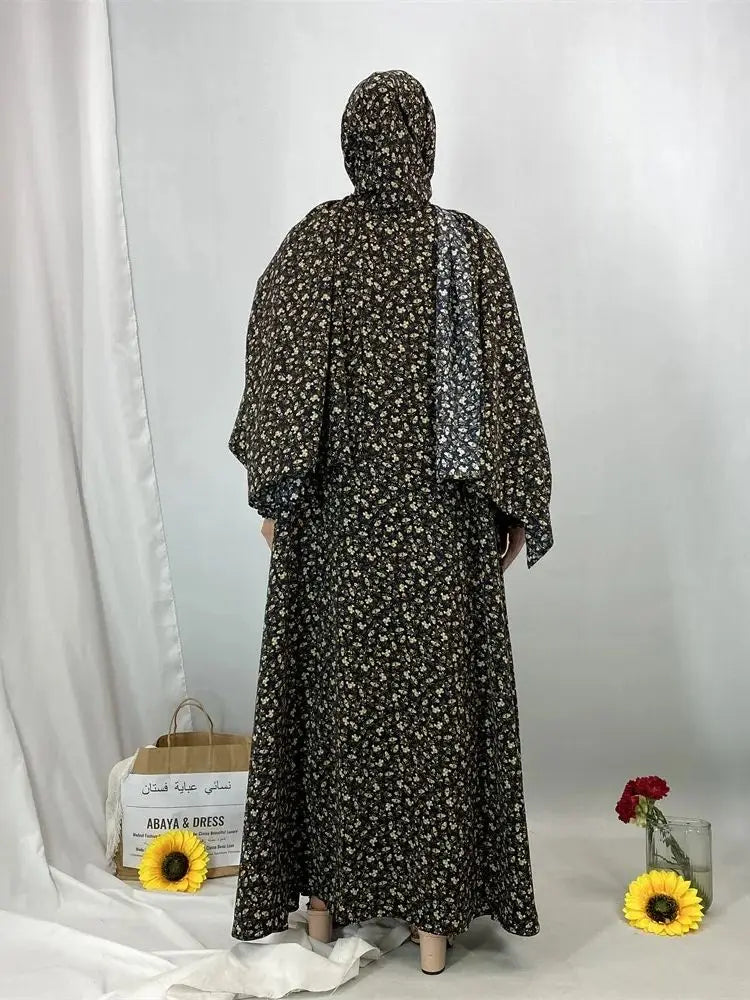 Ramadan Floral Print Abaya Hooded Kaftan by Cralom: Elegant Muslim Dress for Women