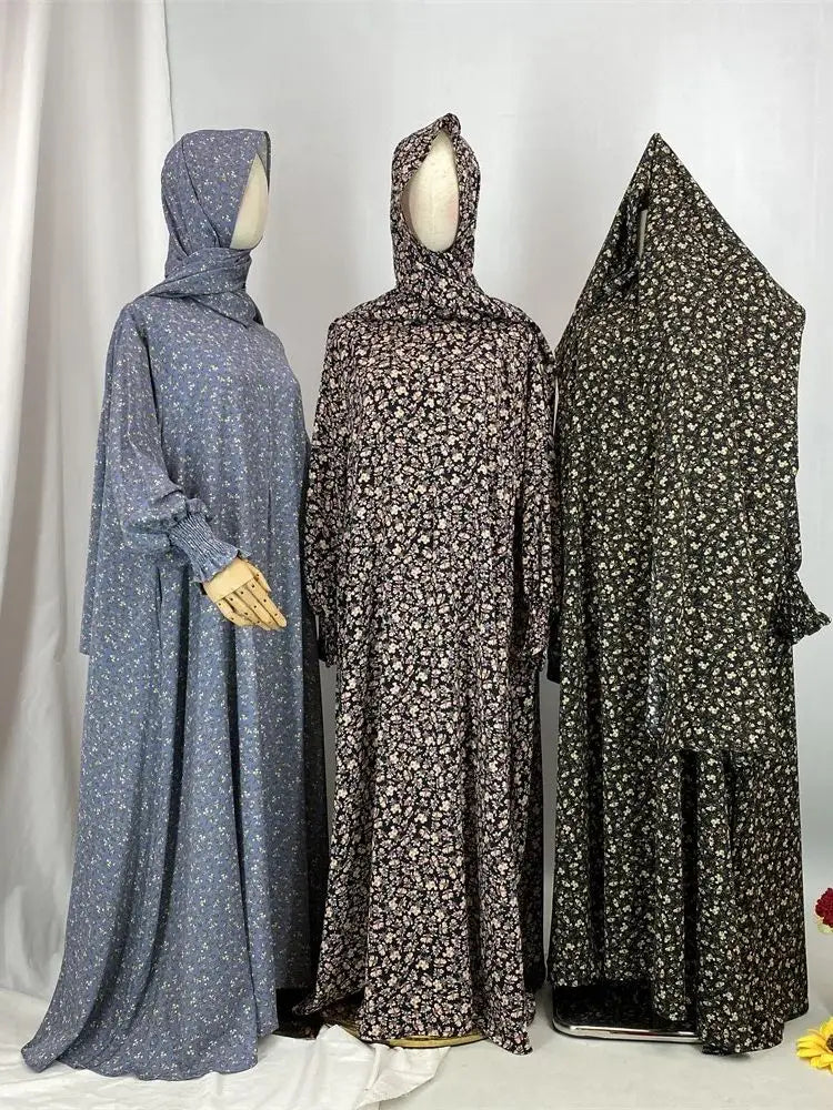 Ramadan Floral Print Abaya Hooded Kaftan by Cralom: Elegant Muslim Dress for Women