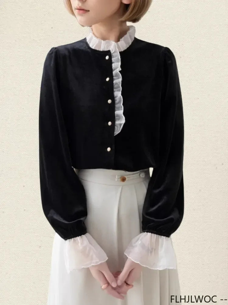 Cralom White Collar Ruffles Long Sleeve Shirt, Autumn Winter Vintage Retro Stand Top