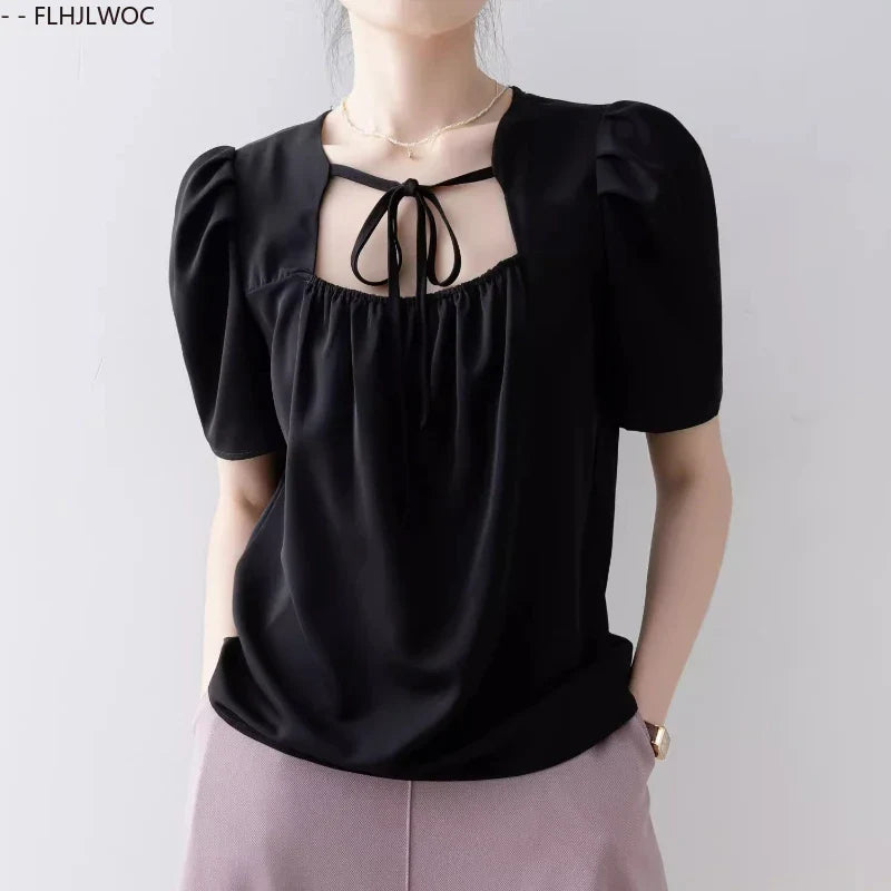 Square Neck Black Bow Tie Top - Cralom Women's Blouse
