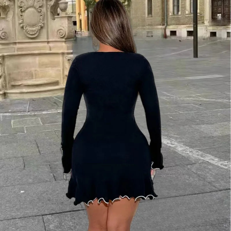 Cralom Wave Edge Round Neck Slimming Long Sleeve Dress