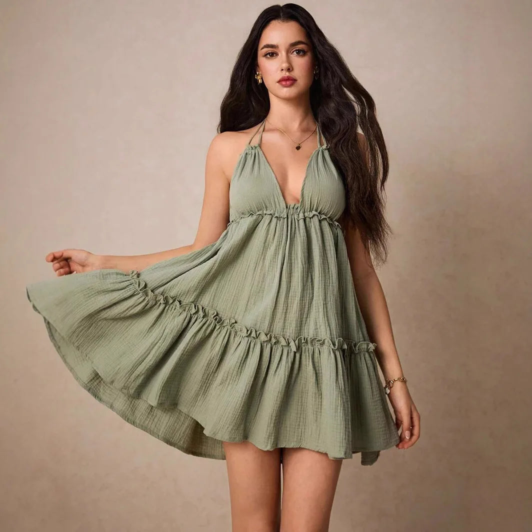 Cralom Sexy Backless Dress with Deep V-neck and Suspender Straps