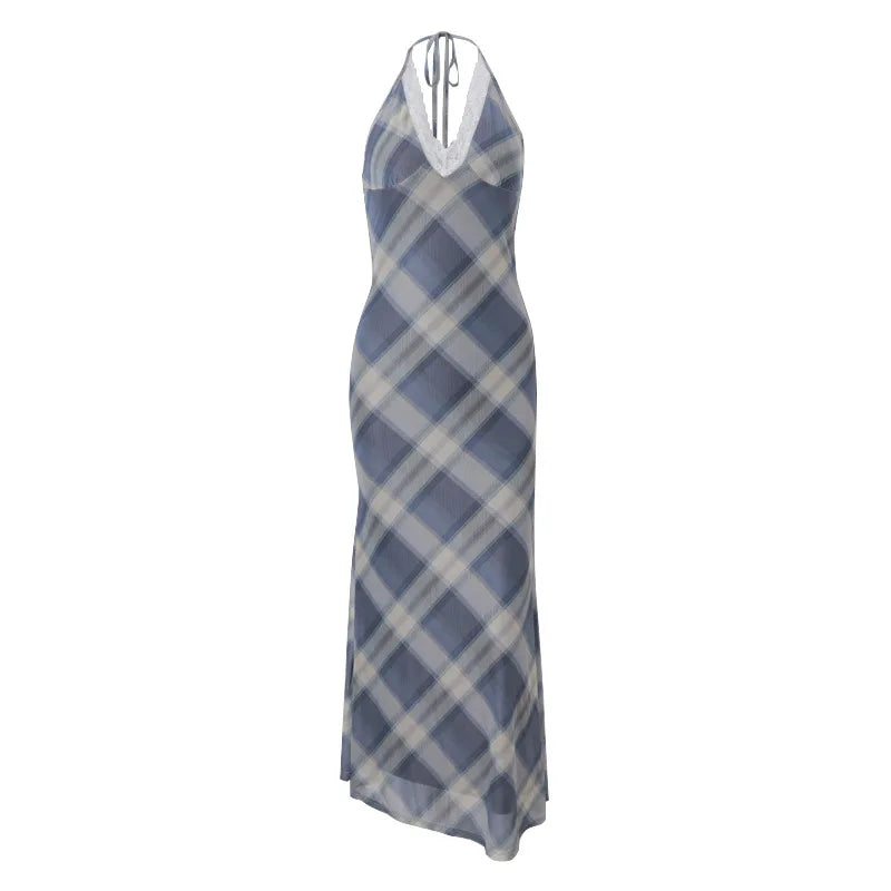 Cralom Lace Plaid V-neck Summer Dress