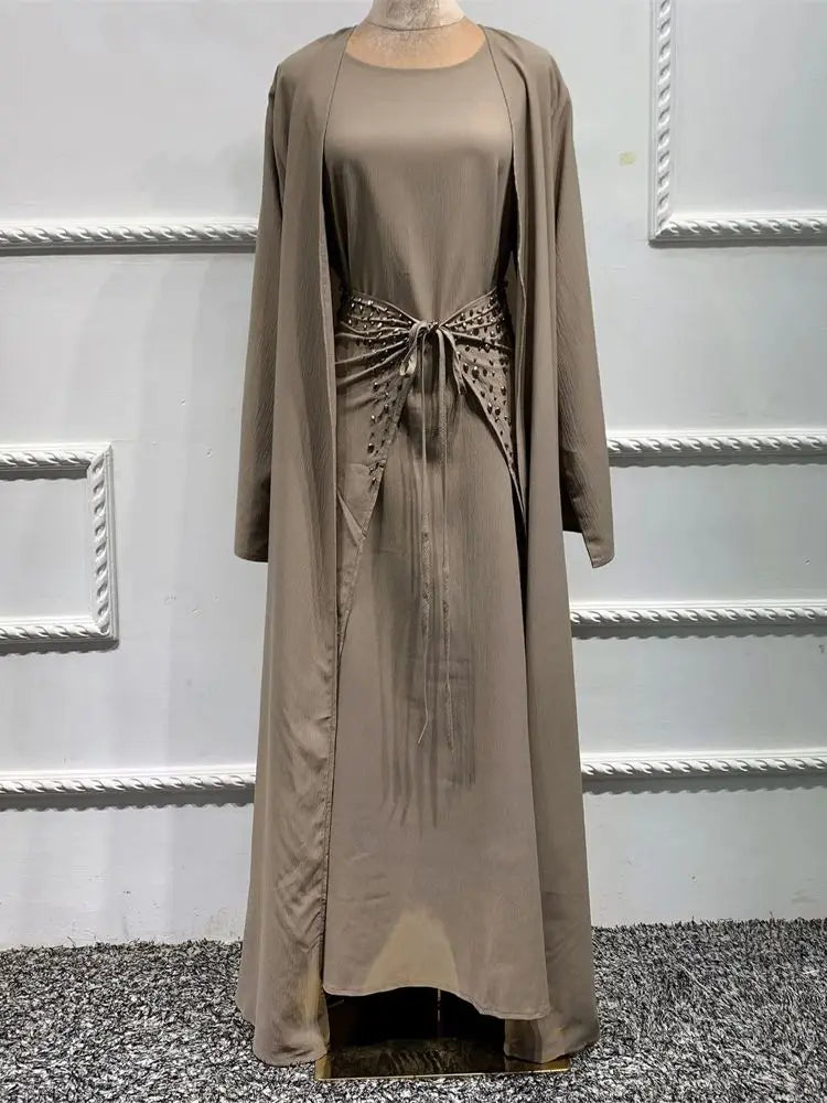 Ramadan Eid Open Abaya 3-Piece Set by Cralom: Elegant Muslim Prayer Dress & Kimono