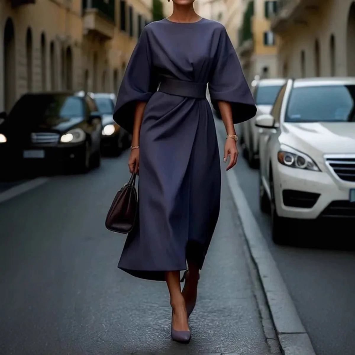 Cralom Solid Color Waist Cinched Batwing Sleeve Long Dress - 2025 Autumn