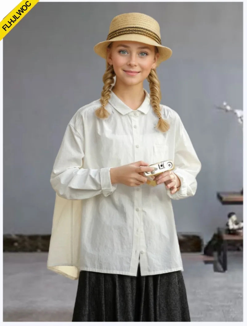 Cralom Long Sleeve Cotton Blouses in White/Pink