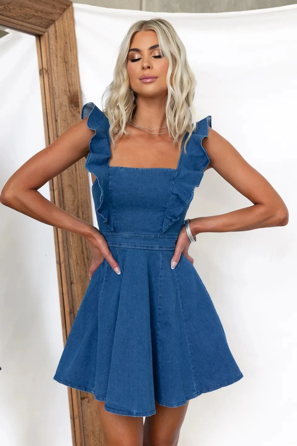 Cralom Square Neck Denim Dress with Flying Sleeve in Summer 2025