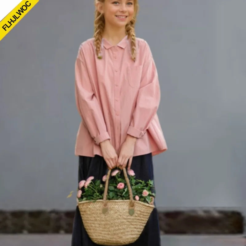 Cralom Long Sleeve Cotton Blouses in White/Pink