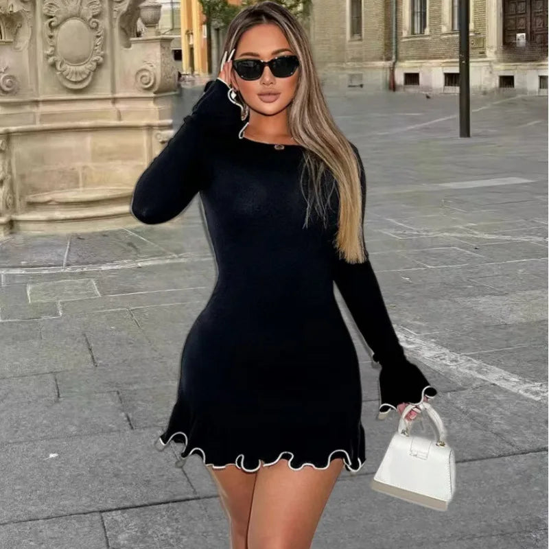 Cralom Wave Edge Round Neck Slimming Long Sleeve Dress