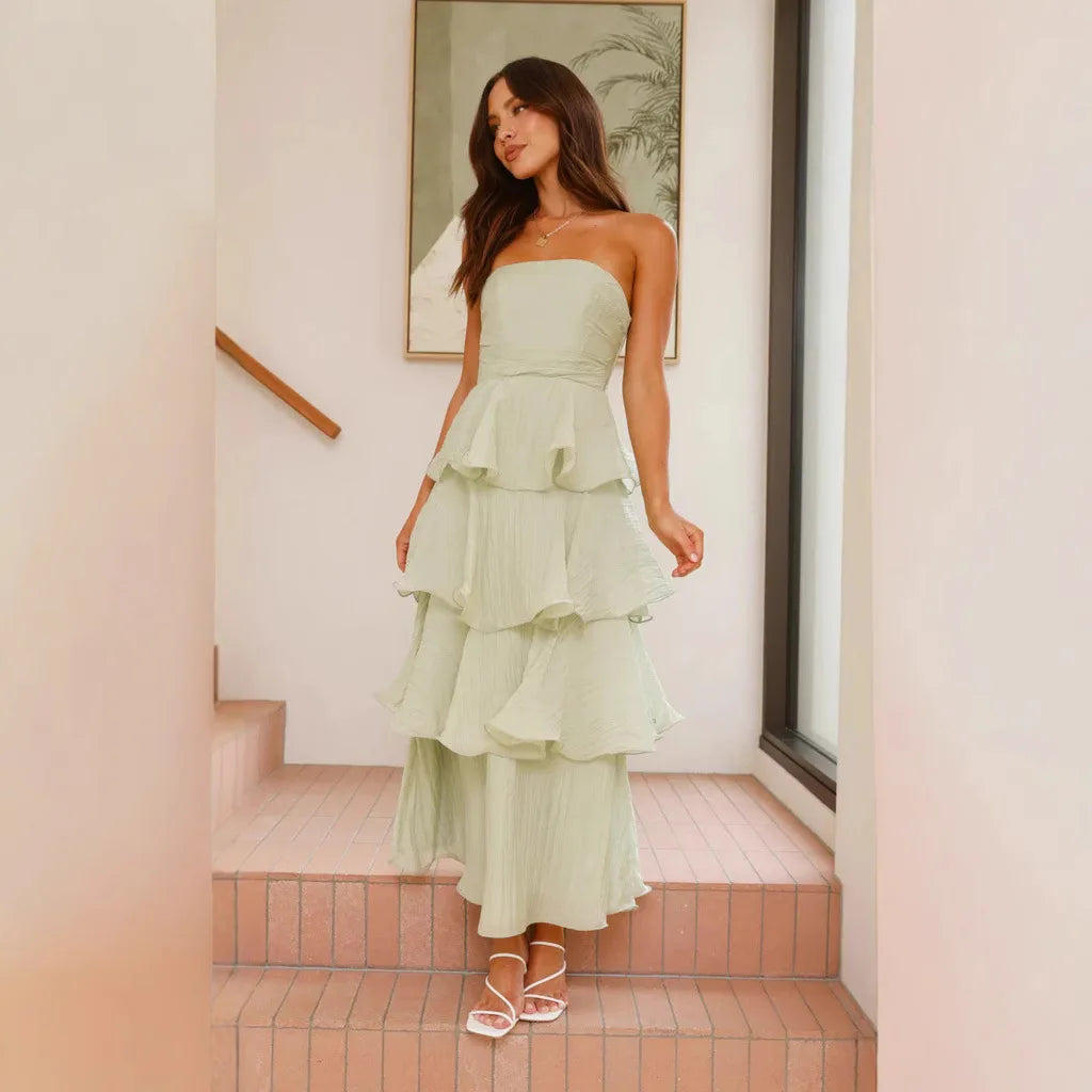 Cralom Solid Color Strapless Backless Cake Dress - 2025 Summer
