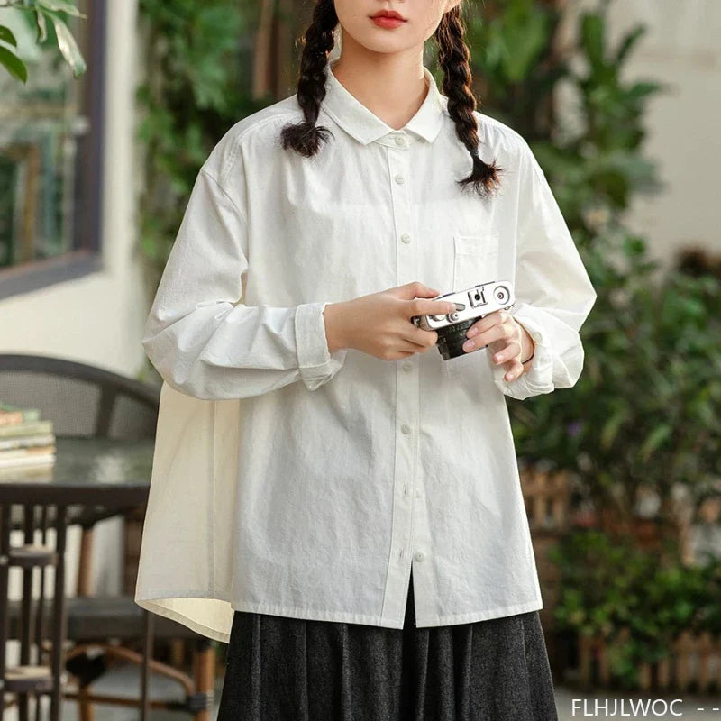 Cralom Long Sleeve Cotton Blouses in White/Pink