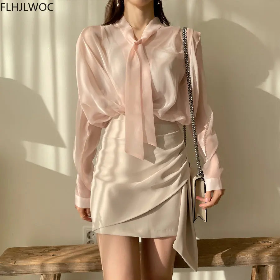 Cralom Sheer Bow Tie Blouse - Elegant Office Chic Fashion for Women